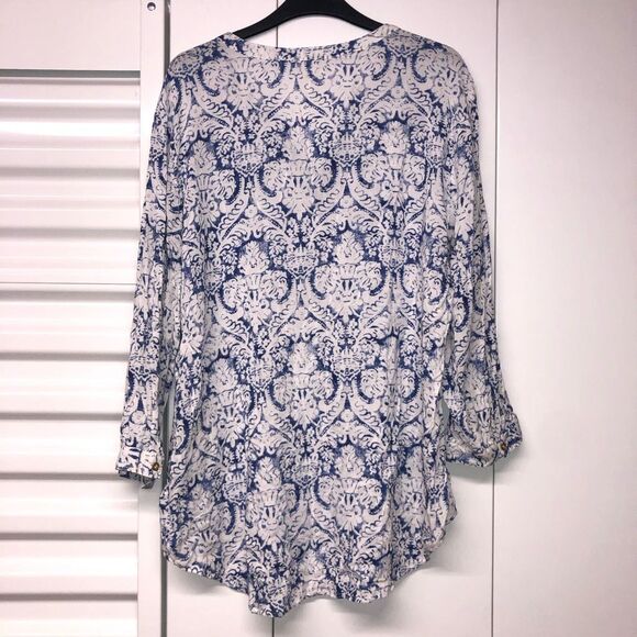 Grand & Greene Blue White Geometric Button-Up Blouse, Size XL - Picture 2 of 7